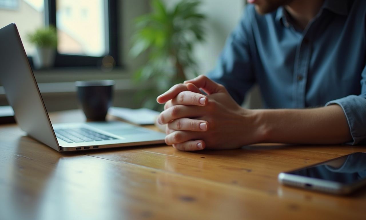 Hands clasped on desk, coffee mug nearby, window light from left